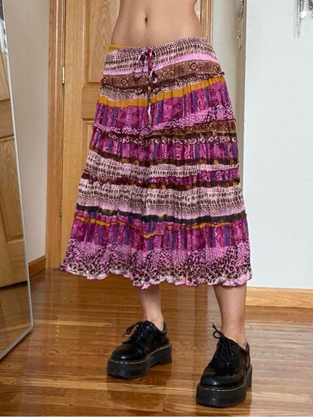 Vintage Boho Tiered Peasant Midi Skirt in
